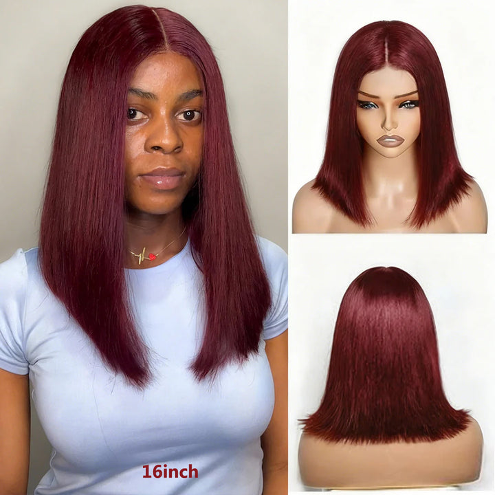 Lumiere Blunt Cut Bob Wig 2x6/13x4 Lace Closure Straight #99J Red Colored Short Bob Human Hair Wigs 220% Density