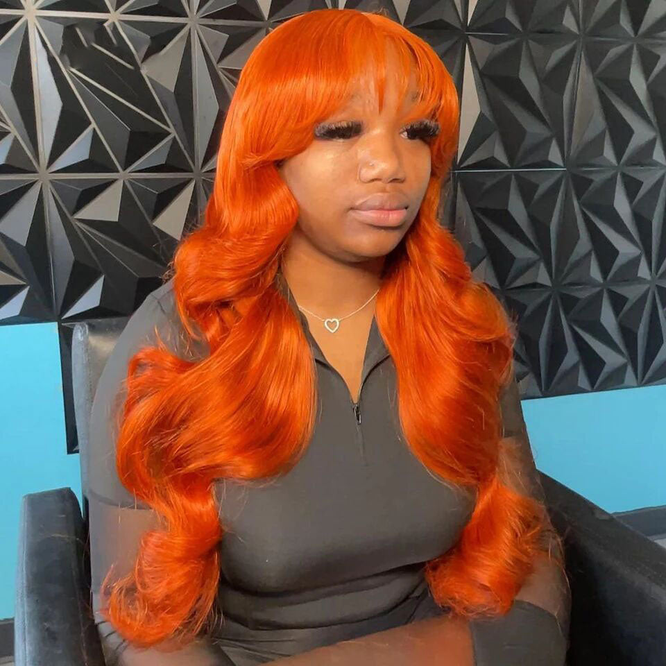Lumiere Orange Lace Front 180% Density Human Hair With Bangs Body Wave 13x4 Transparent Lace Front Wigs For Black Women HDZ