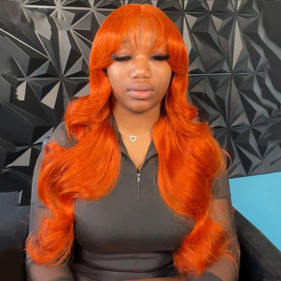 Lumiere Orange Lace Front 180% Density Human Hair With Bangs Body Wave 13x4 Transparent Lace Front Glueless Wigs For Black Women HDZ