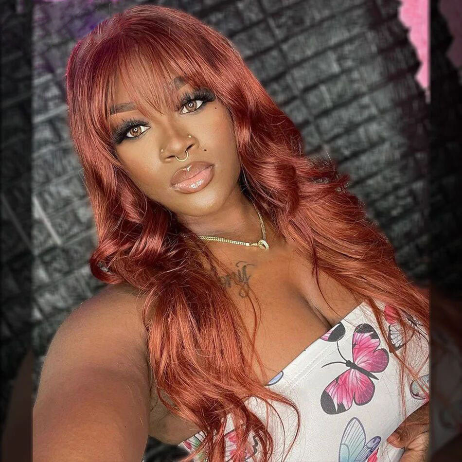 Lumiere Reddish Brown 13x4 Transparent Lace Frontal 180% Density Human Hair Wigs With Bangs For Black Women HDZ