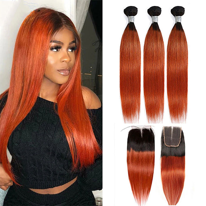 1B/350 Orange Straight 4x4 Lace Closure With 3 Bundles Brazilian Ombre Hair Weave