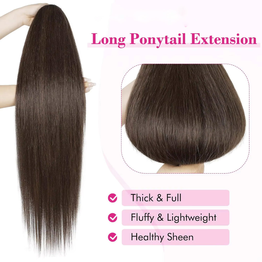 #2 Dark Brown Wrap Around Ponytail Extensions Long Straight Magic Paste Pony Tail  Natural Soft  Human Hair