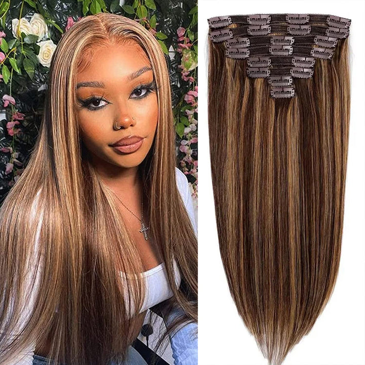 Highlight P4/27 Clip in Straight 8PCS Ponytail Human Hair Human Hair Extensions Pony Tail
