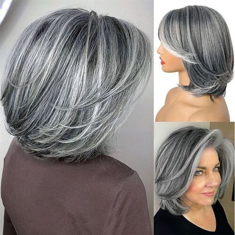 Silver Gray Wavy Short Wig Salt And Pepper 8 Inch Human Wigs Full Machine for Women