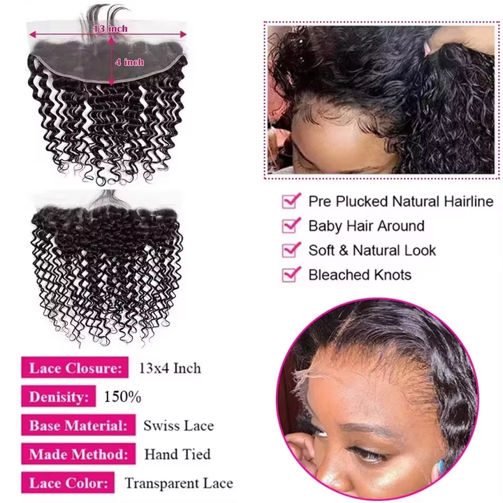 (B2) Deep Wave 3 Bundles Human Hair With Frontal 13x4  Lace Frontal 100% Natural Human Hair Extensions