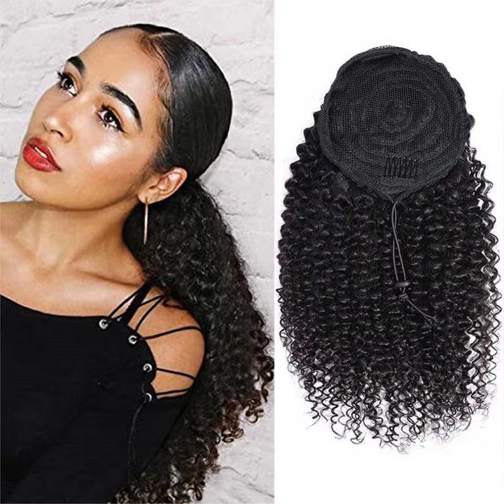 Ship In 24Hours-Lumiere Kinky Curly Ponytail Extension Drawstring Human Hair Clip in for Women160g
