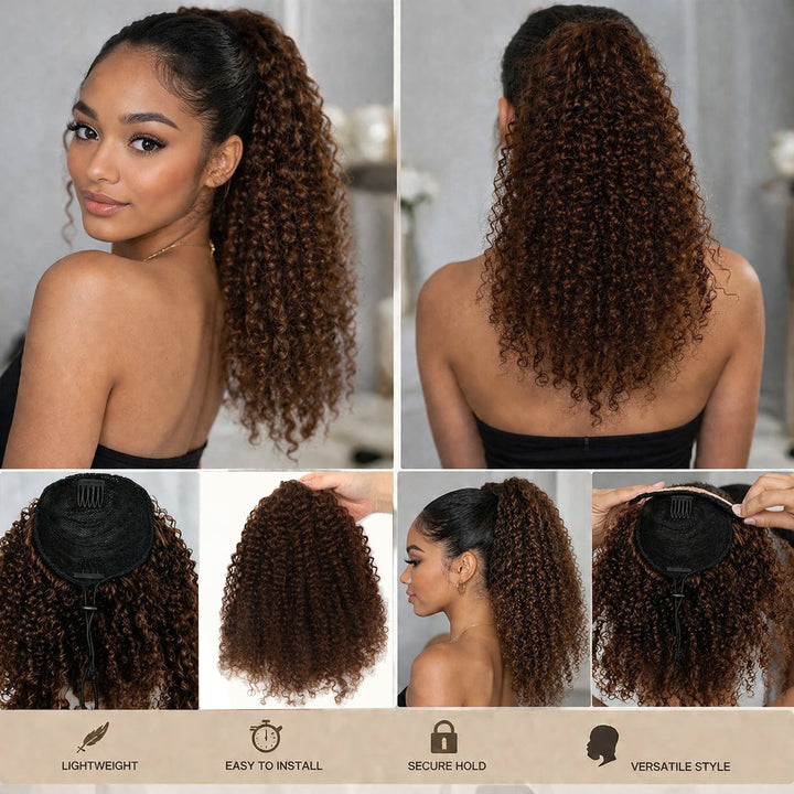 Lumiere #4 Chocolate Brown Afro Curly Drawstring Ponytail Human Hair Extensions