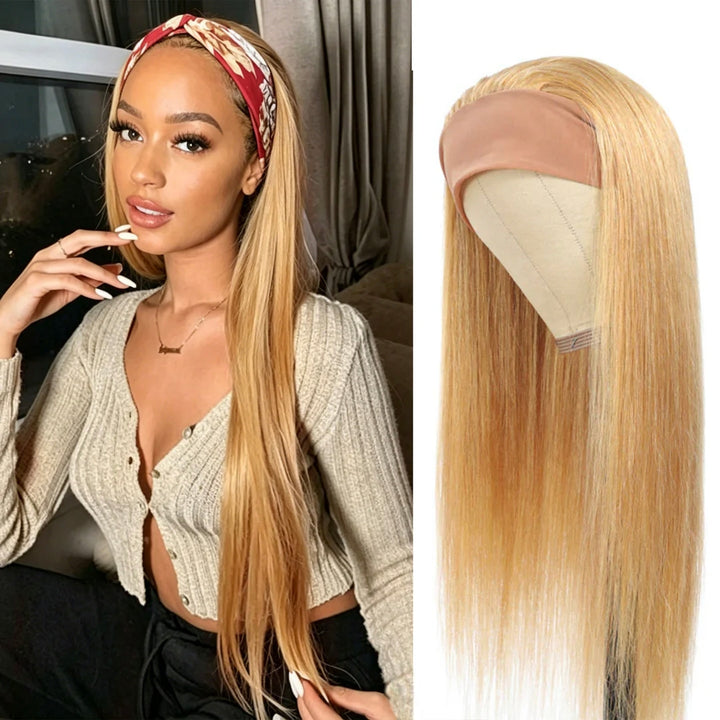 #27 honey blonde Headband Wig Human Hair Straight Brazilian Wigs Full Machine Made Wig For Women