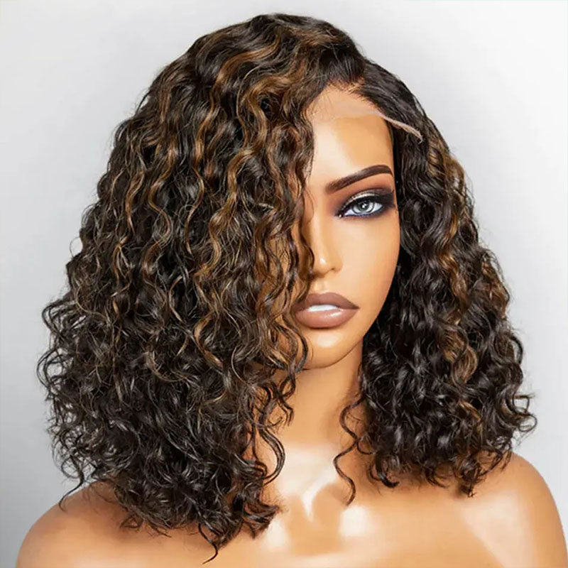Lumiere 13X4 HD Lace 180% Density Wig Highlight Water Wave Bob Wig Human Hair Transparent Lace Frontal Wigs  For Black Women HDZ
