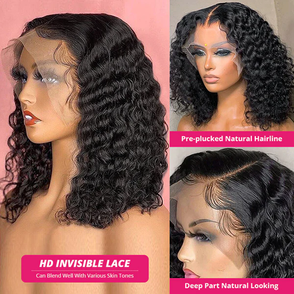 Wear &amp; Go Glueless Water Wave 13x4 Lace Front Bob Perruques de cheveux humains pour femmes noires 