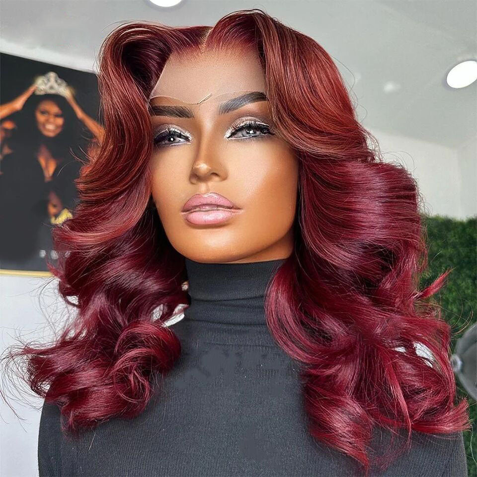 Lumiere Burg Red Colored Human Hair Body Wave Wigs 13x4 Transparent Lace Front 180% Density Wigs For Black Women HDZ