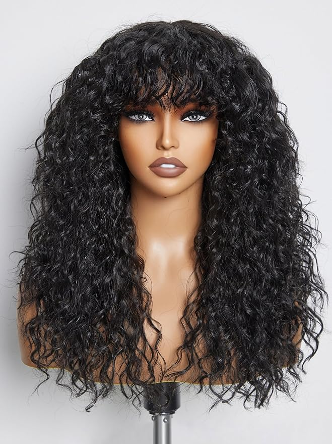 Water Wave No Lace Machine Made Wigs With Bangs