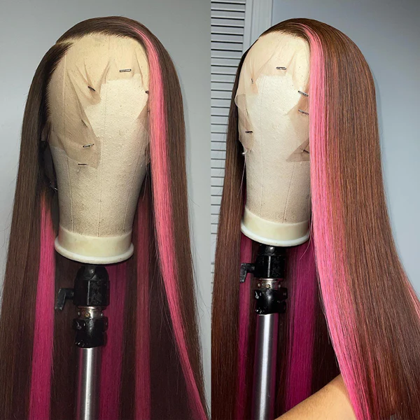 Hot Pink and Black Skunk Stripe Straight Hair 13x4 Lace Frontal Wigs For Black Women