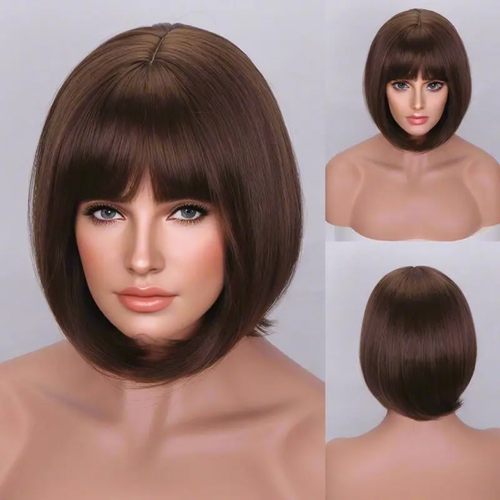 New Pixie Cut #4 Brown Straight Bob Wig 12 Inch Sweet Trendy Short Hair with Bangs No Lace Full Machine Wig