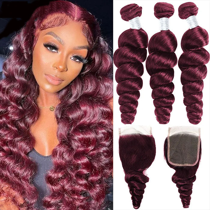 Red Bundles #99j Peruvian Loose Wave Hair Weave 3 Bundles With Closure 4x4 HD Lace Closure 100% huamn hair