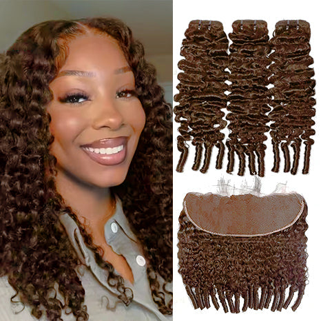Lumiere #4 Brown Colored Burmese Curly 3 Bundles With 13x4 Transparent Lace Frontal Human Hair