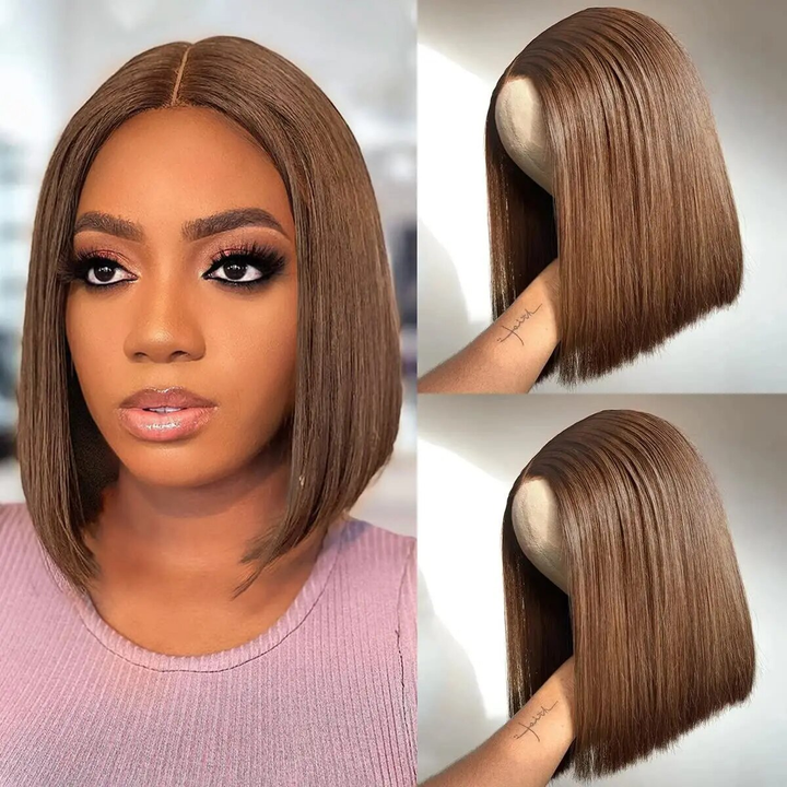 Chocolate Color Straight 13X4 /4X4 Lace Front Short Bob Wigs Hair For Women Bling