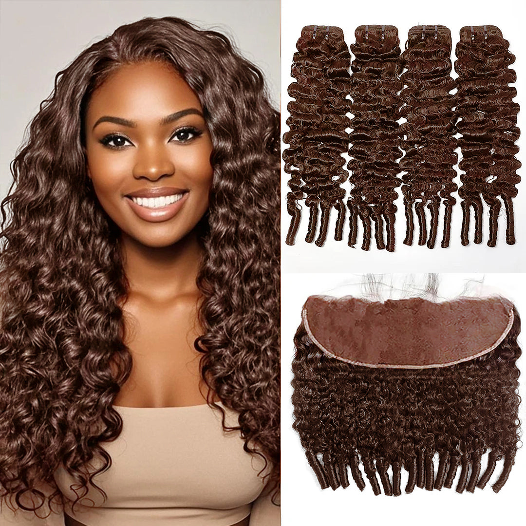 One Bundle Lumiere #4 Brown Colored Burmese Curly 4 Bundles With 13X4 Frontal Tra ...