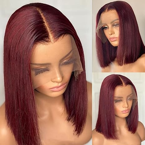 15A Lumiere 250% Density Blunt Cut #99J Red Colored New Short Bob 13x4 Lace Front Human Hair Wigs Straight Bob Wigs