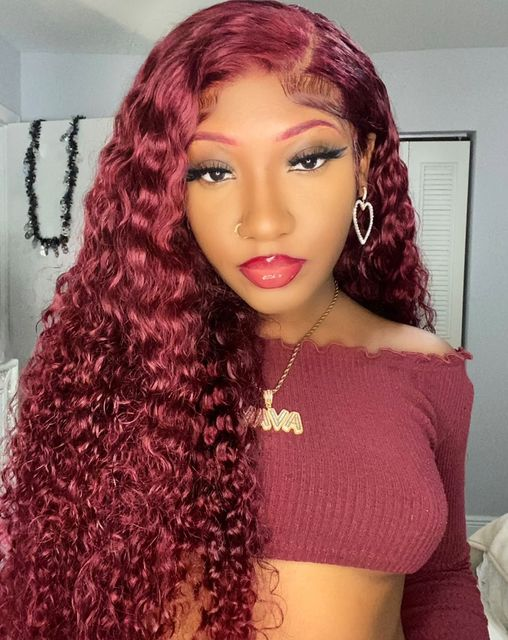 Customized #Burg Colored Curly Human Hair Wigs 250% Density HD Transparent 13X4 Lace Frontal Red Wine Hair | Lumiere