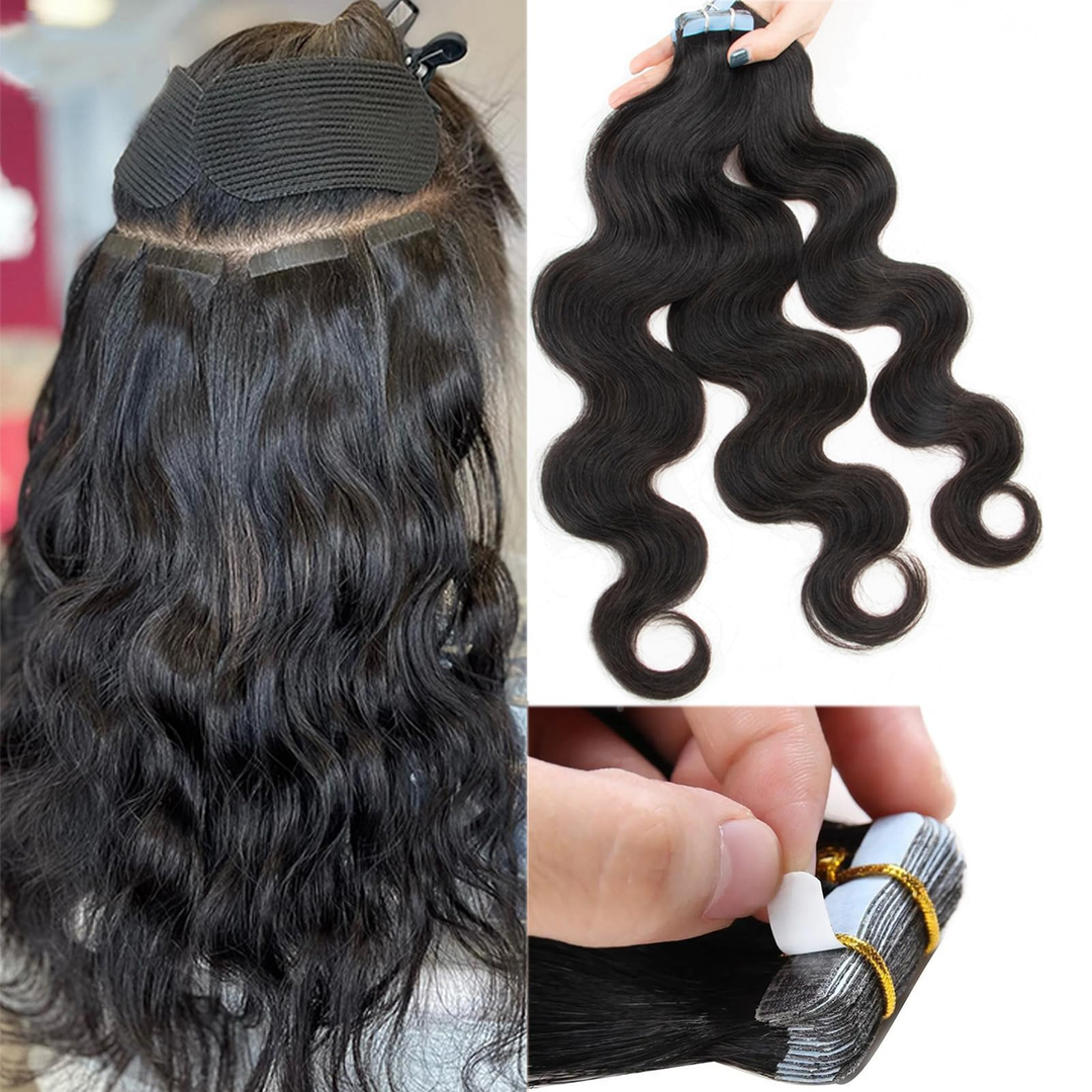 Bande dans les extensions de vague de corps de cheveux humains 100% vrai Remy cheveux humains trame de peau colle adhésive pour salon de haute qualité pour femme 20pcs / 1pack 