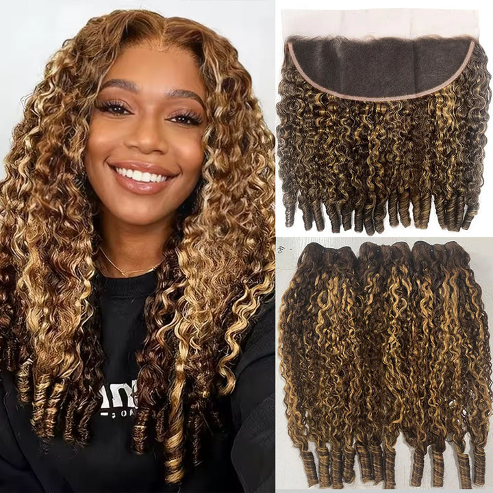 Mettez en surbrillance P4 / 27 Loose Deep 3 Bundles avec des cheveux brésiliens frontaux en dentelle transparente 13x4 