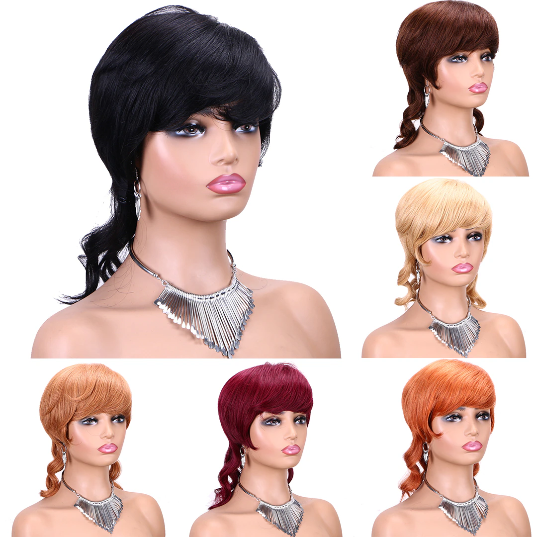 Brazilian 100% Human Hair Wigs Short Pixie Cut Wigs Full Machine Made Wig With Bangs Mullet Body Wave For Women