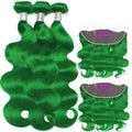 Grass Green Color Body 3 Bundles With 13X4 Lace Frontal Human Hair