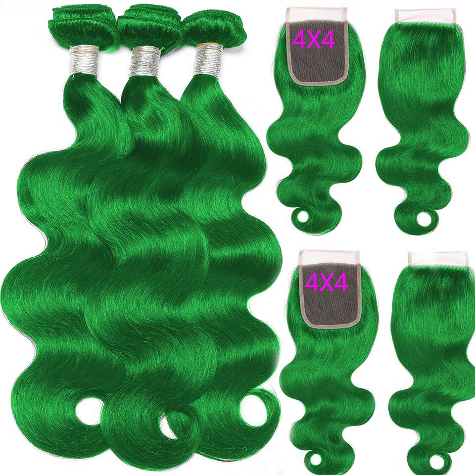 Grass Green Body 3 Bundles With 4X4 Lace Closure Brazilian Human Hair