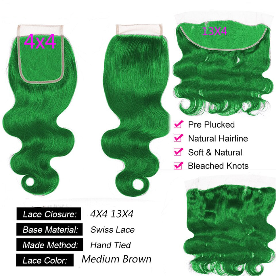 Grass Green Color Body 3 Bundles With 13X4 Lace Frontal Human Hair