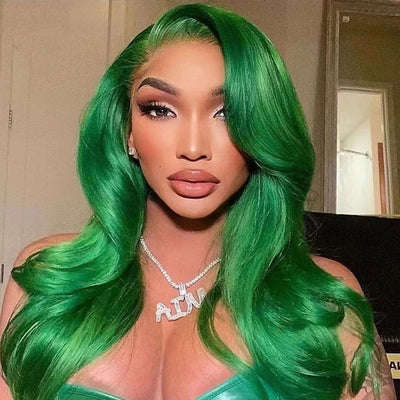 Grass Green Color Body 3 Bundles With 13X4 Lace Frontal Human Hair