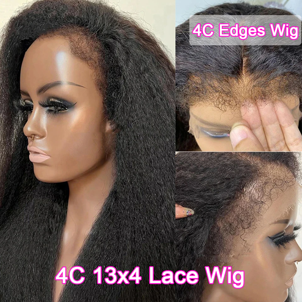 Bords 4C | Indétectable Kinky Straight Kinky Edges 13x4 Frontal Lace Glueless Wig | Inspiré d'Afro 