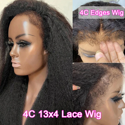 Bordas 4C | Indetectável Kinky Straight Kinky Edges 13x4 Frontal Lace Glueless Wig | inspiração afro 