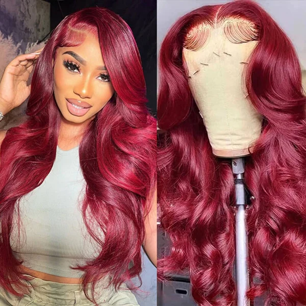 Lumiere 99J Burgundy 13x4 HD Body Wave Lace Front Human Hair Wigs Pre Plucked Red Colored Frontal Wigs for Women (No Code Need)