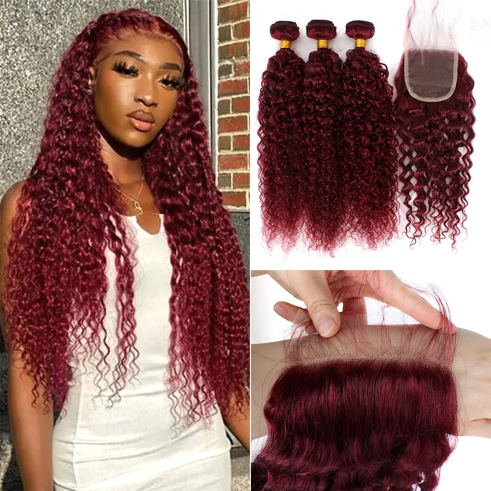 Red Bundles #99j Kinky Curly 3 Bundles With 4X4 Lace Closure For Women Human Hair
