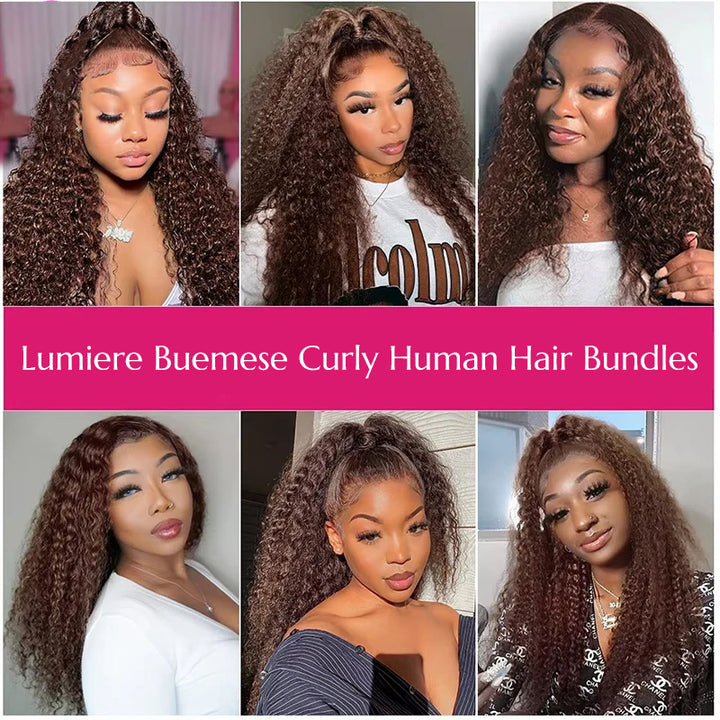 Lumiere #4 Brown Colored Burmese Curly 4 Bundles With 13X4 Frontal Transparent Lace