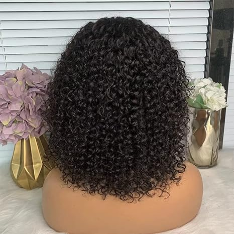 Lumiere A1 Customized Curly Short Bob Human Hair Wigs with Bangs None Lace Front Human Hair Wigs for Black Women 14 inch