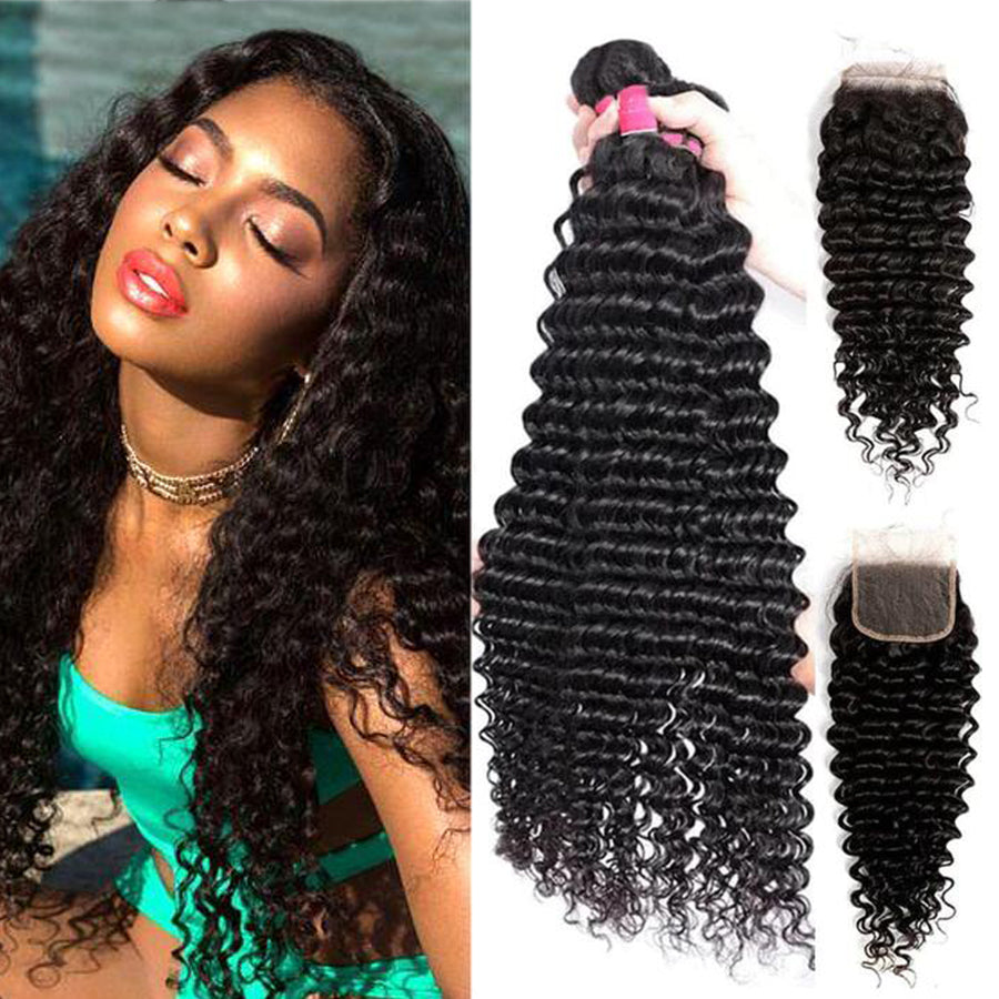 Deep Wave 4 Bundles With Closure 6x6 lace 100% virgin human hair