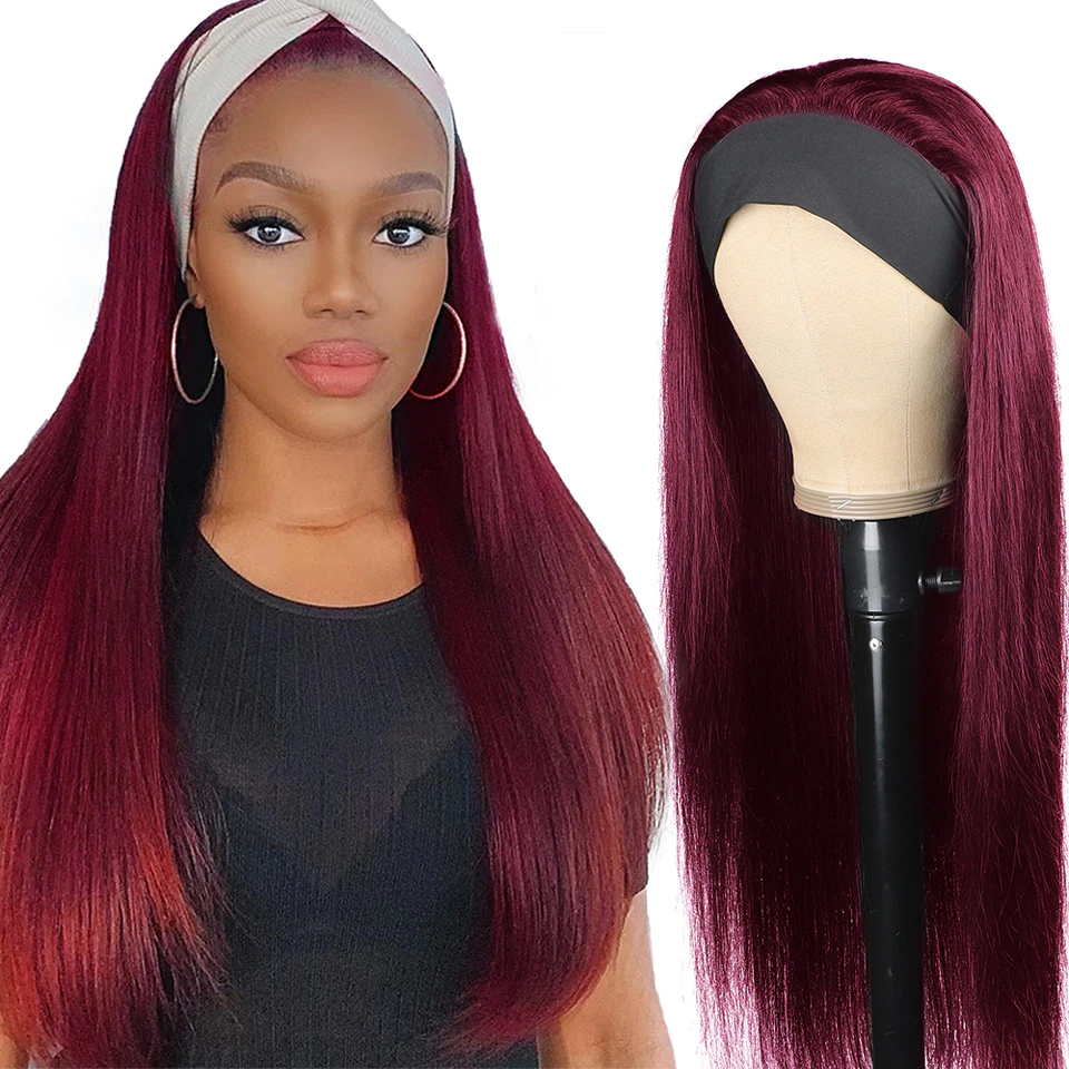 Burgundy Straight Hair Headband Wigs For Black Women Lumiere Hair Peruvian Full Machine Made Colored Human Hair Wigs