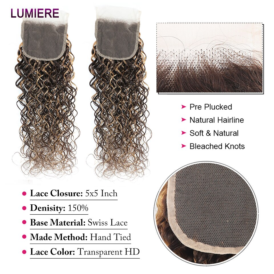 Lumiere P4 27 Highlight Kinky Curly 3Bundles With 4x4 Closure 100% Remy Human Hair Bundles With Closure