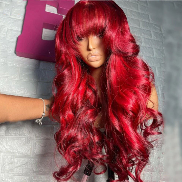 Lumiere Fringe Red Body Wave Preplucked Burgundy 13x4 Transparent Lace Frontal 180% Density Human Hair Wigs With Bangs For Black Women HDZ