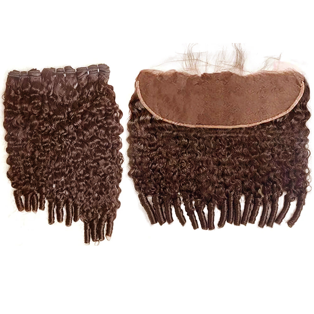 Lumiere #4 Brown Colored Burmese Curly 3 Bundles With 13x4 Transparent Lace Frontal Human Hair