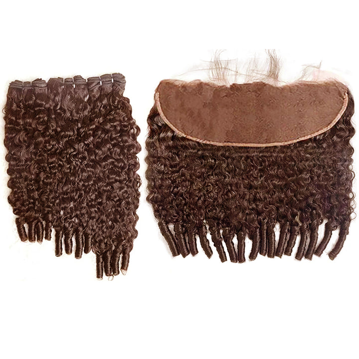 Lumiere #4 Brown Colored Burmese Curly 3 Bundles With 13x4 Transparent Lace Frontal Human Hair