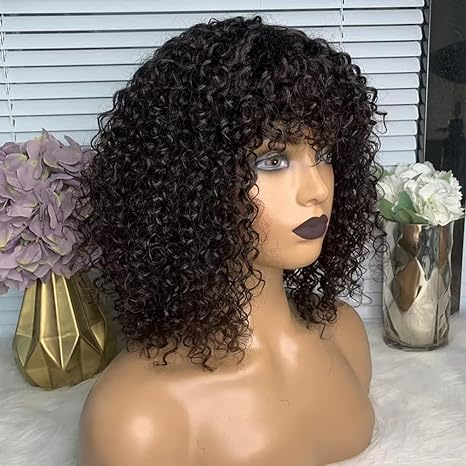 Lumiere A1 Customized Curly Short Bob Human Hair Wigs with Bangs None Lace Front Human Hair Wigs for Black Women 14 inch HDZ-32