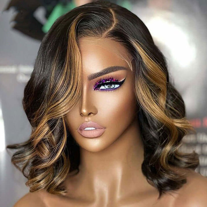Limited Design | Blonde Highlight Right C Part  Body bob Wave 13x4 Frontal  HD Lace Wig
