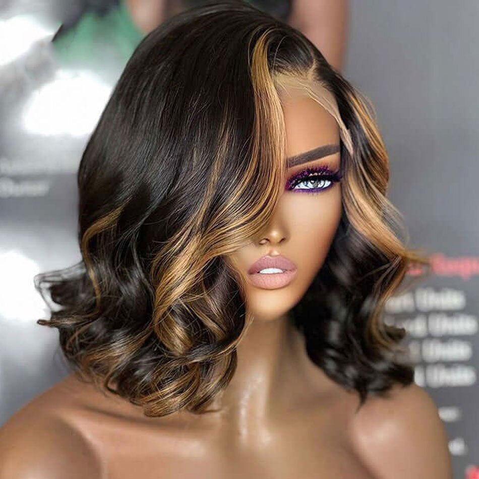 Limited Design | Blonde Highlight Right C Part  Body bob Wave 13x4 Frontal  HD Lace Wig