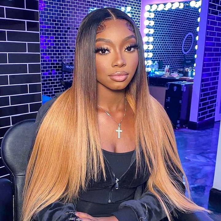 3Tone Color Highlighted Wigs 13x4 Lace Frontal Wig 1b/4/27 Straight Human Hair Wigs with Highlights