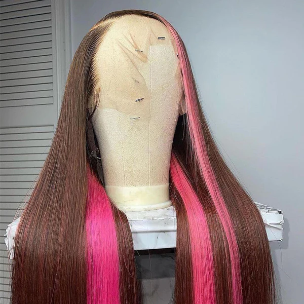 Hot Pink and Black Skunk Stripe Straight Hair 13x4 Lace Frontal Wigs For Black Women