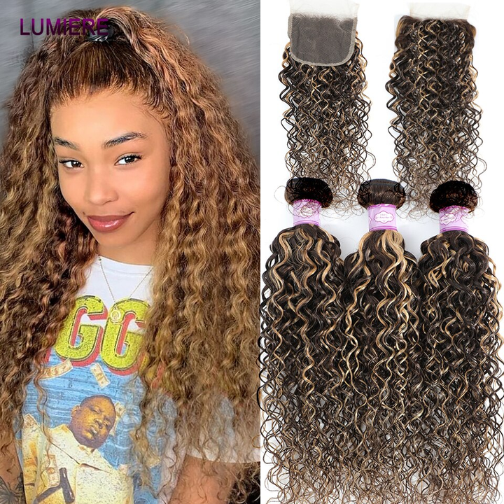Highlight P4/30 Kinky Curly 3 Bundles With 4X4 Transparent Lace Closure Human Hair