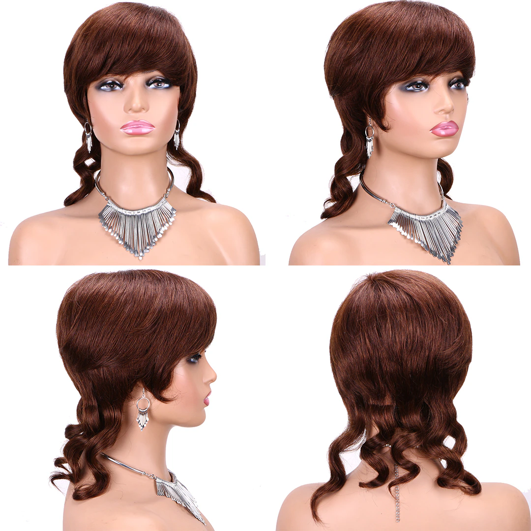 Brazilian 100% Human Hair Wigs Short Pixie Cut Wigs Full Machine Made Wig With Bangs Mullet Body Wave For Women
